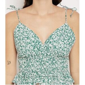 Y2K Babydoll Top Halter Spaghetti Straps Smocked Stretch Green Small Cotton